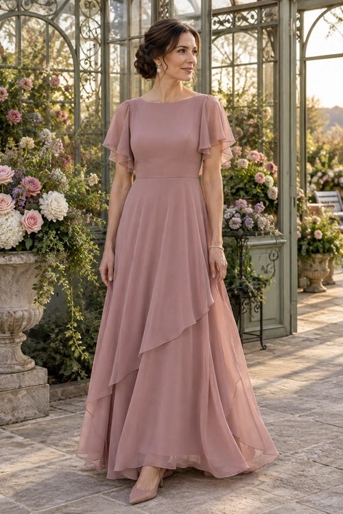 A dusty rose floor-length gown with flutter sleeves and layered asymmetrical ruffles, styled with delicate earrings and matching heels.