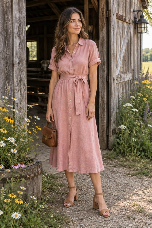 Dusty Rose Tie-Waist Dress A dusty rose button-front midi dress with a tie waist, paired with a brown handbag and tan ankle-strap sandals.
