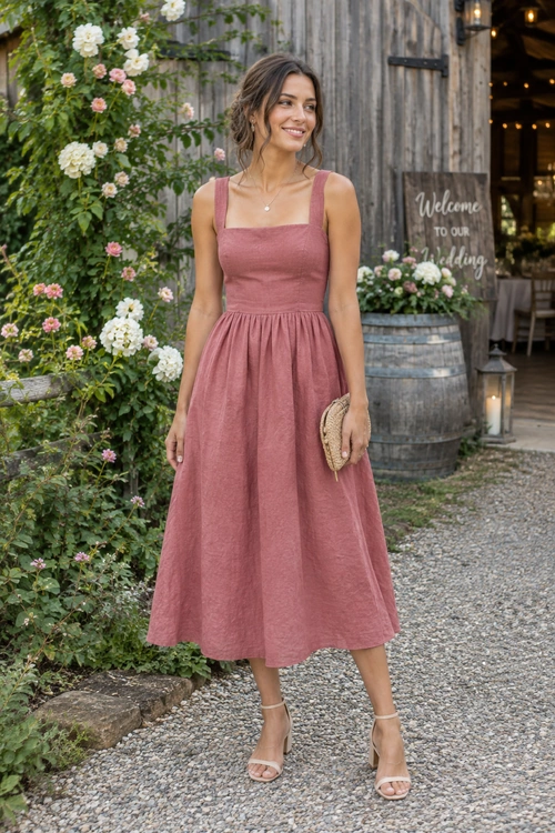 Dusty Rose Wedding Guest Dress A woman wears a dusty rose square-neck midi dress with nude strappy heels and a woven clutch.