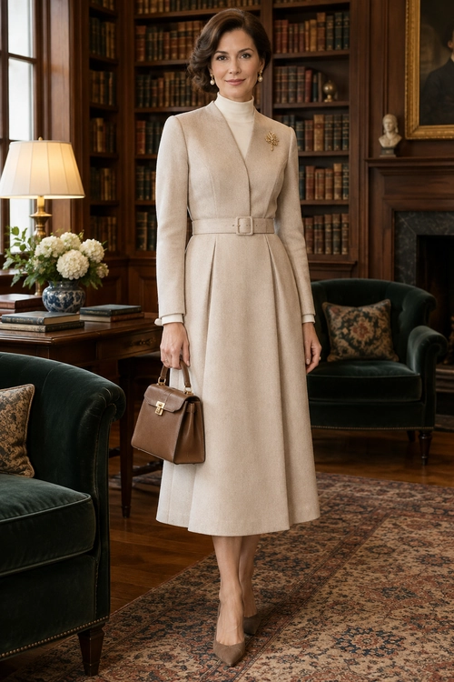 Elegant Beige Belted Dress Woman wearing a beige long-sleeve belted midi dress with a brooch, brown handbag, and matching pumps.