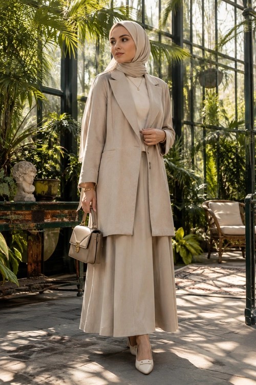 A woman wears a beige hijab, tailored long blazer, flowing midi-length skirt, pointed-toe pumps, and a structured handbag.