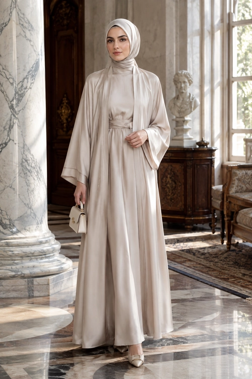 Elegant Neutral Abaya Look A woman wears a flowing ivory abaya with a matching hijab, pointed shoes, and a small structured handbag.