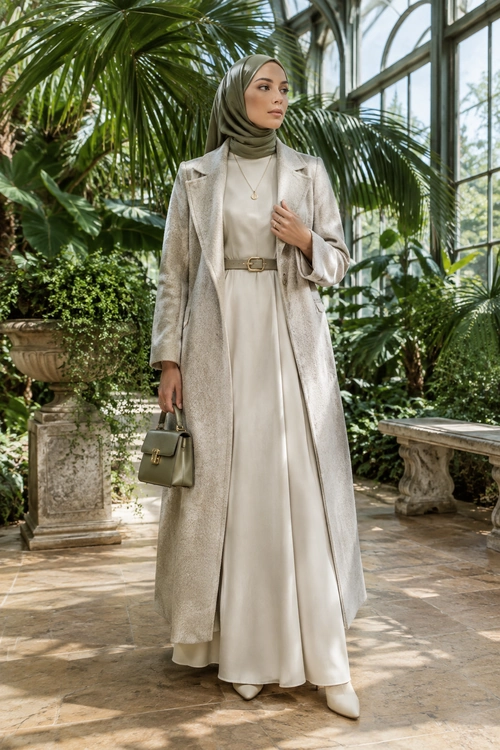 Elegant Neutral Modest Outfit A woman wears a cream maxi dress, long textured coat, olive hijab, belt, pendant necklace, and structured handbag.