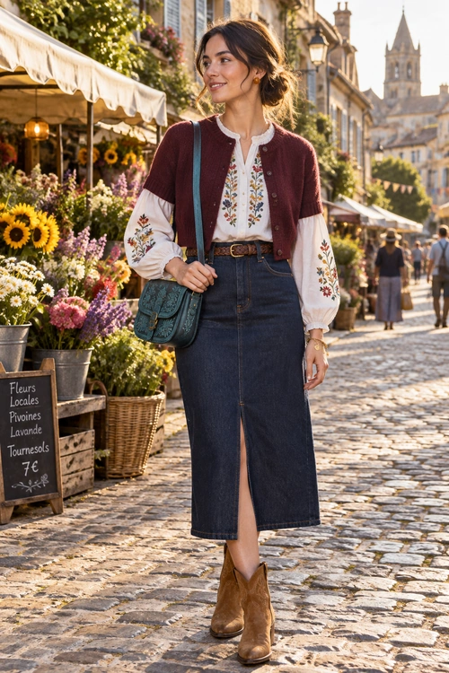 Embroidered Blouse and Denim Skirt Outfit Woman wearing a burgundy cardigan over an embroidered white blouse with a dark denim midi skirt, brown ankle boots, and a teal crossbody bag.