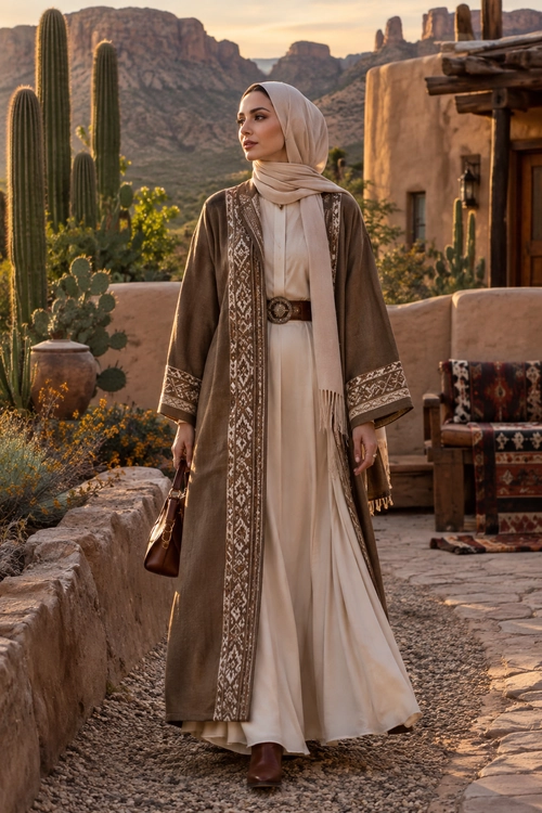Embroidered Brown Robe with Cream Dress Woman wearing a cream maxi dress, a long brown embroidered robe, a belted beige headscarf, and brown boots in a desert setting.