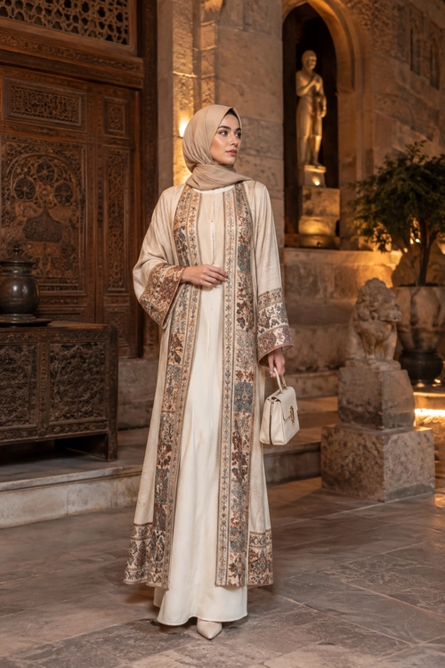 Embroidered Cream Abaya Look A woman wearing a cream embroidered abaya over a long dress with a matching hijab, pointed shoes, and a small handbag.