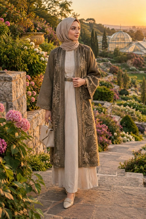A woman in a taupe hijab and embroidered long coat over a cream outfit stands in a flower-filled garden.