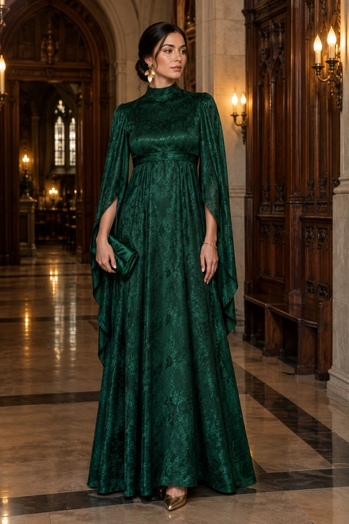 Emerald Green Draped Evening Gown Woman wearing a floor-length emerald green high-neck gown with flowing cape sleeves, gold earrings, a green clutch, and metallic pointed heels.