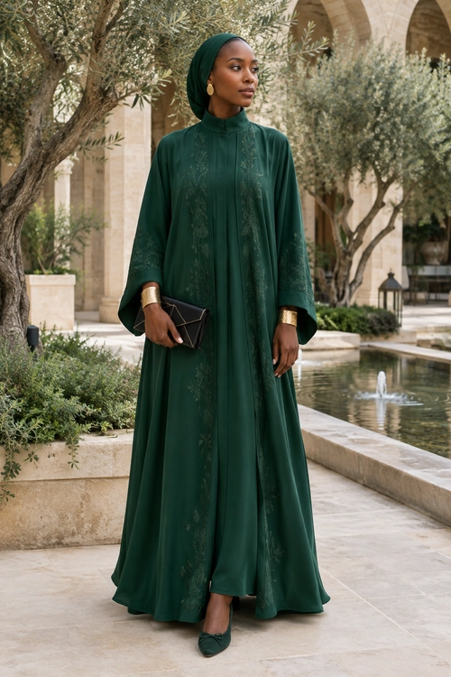 A woman wears a flowing emerald green embroidered abaya with a matching headscarf, gold jewelry, a black clutch, and pointed flats.