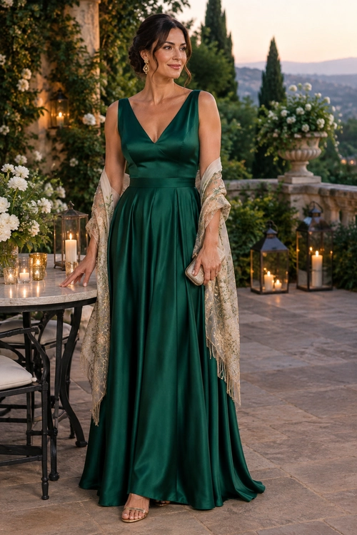 A woman wears a sleeveless emerald green floor-length gown with a draped waist, drop earrings, a bracelet, and a metallic clutch.
