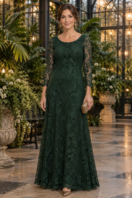 Emerald Green Lace Gown A floor-length emerald green lace gown with long sheer sleeves, paired with gold heels, drop earrings, a bracelet, and a small clutch.
