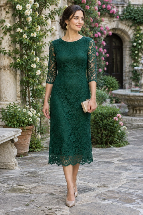 A woman wears an emerald green lace midi dress with three-quarter sleeves, gold earrings, a gold clutch, and nude pointed-toe heels.