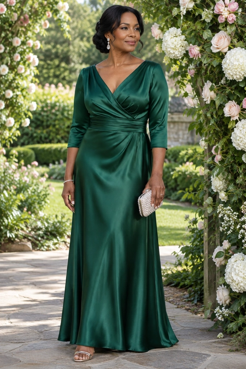 Emerald Satin Wrap Gown A floor-length emerald satin wrap gown styled with drop earrings, a beaded clutch, a bracelet, and open-toe sandals.