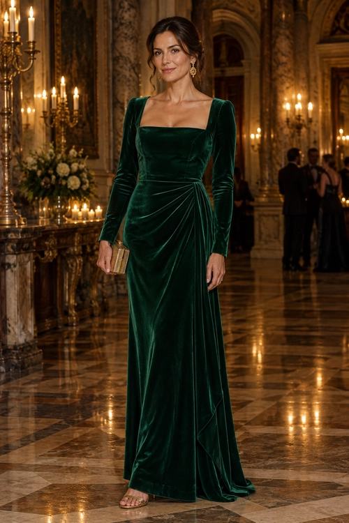 A woman wears a long emerald velvet gown with a square neckline and draped waist, paired with gold earrings, a small clutch, and open-toe sandals.