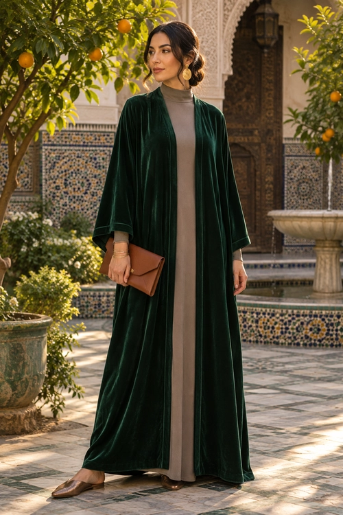 Emerald Velvet Longline Outfit A woman wears a long emerald green velvet outer robe over a taupe high-neck dress with brown flats, a leather clutch, and gold earrings.