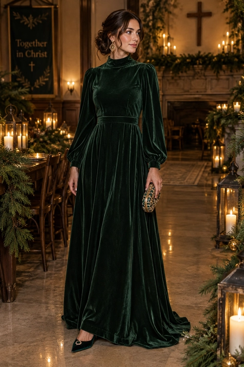Emerald Velvet Maxi Dress Woman wearing a deep green velvet long-sleeve maxi dress with gold earrings, a jeweled clutch, and black pointed shoes.
