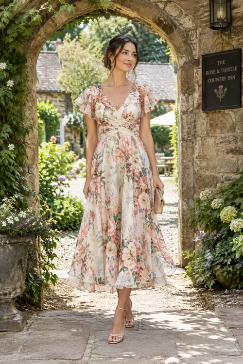 Floral Flutter-Sleeve Dress A woman wears a flowing cream floral dress with flutter sleeves, nude sandals, and a small beige clutch.