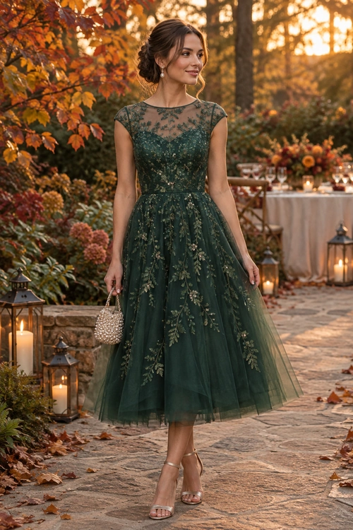 Embroidered Forest Green Dress A woman wears a forest green embroidered tulle midi dress with a sheer neckline, strappy heels, pearl earrings, and a beaded clutch.