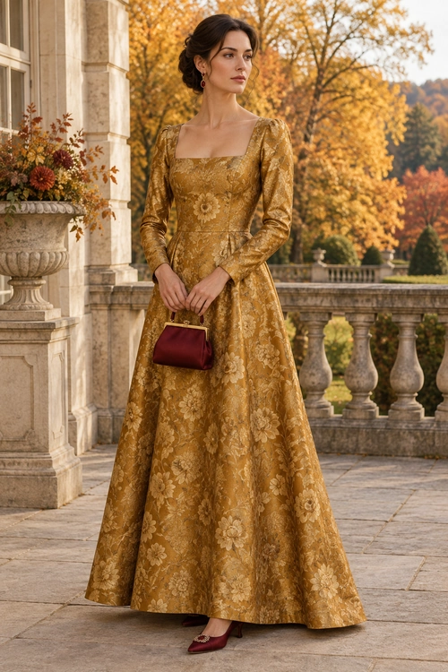 Gold Floral Gown A woman wears a long mustard-gold floral dress with a square neckline, burgundy heels, and a small burgundy handbag.