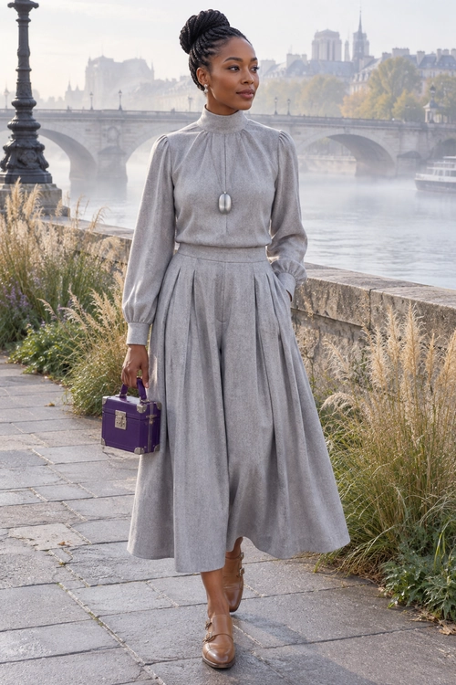 A woman wears a gray high-neck blouse with a matching pleated skirt, pendant necklace, brown shoes, and a purple handbag.