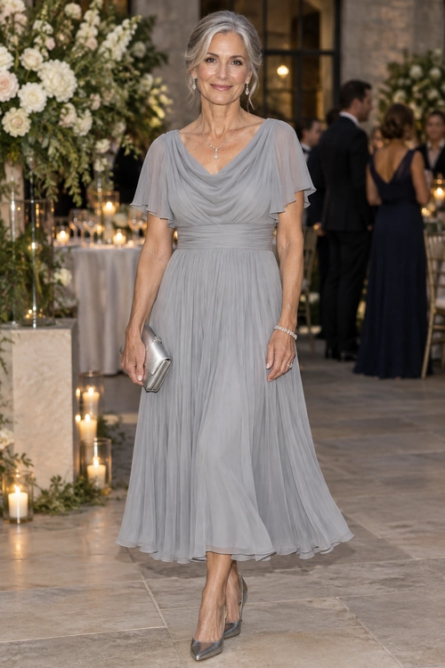 A woman wears a flowing gray dress with a draped neckline and flutter sleeves, paired with silver heels, a metallic clutch, and delicate jewelry.