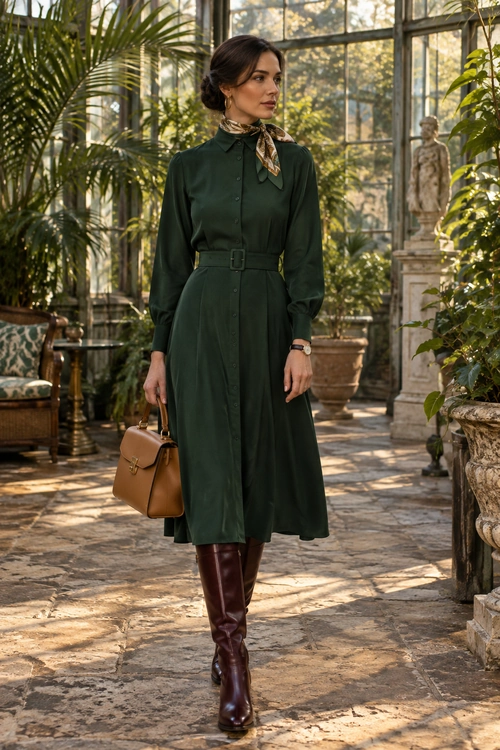 Dark Green Belted Shirt Dress Outfit A woman wears a dark green belted shirt dress with a patterned neck scarf, burgundy knee-high boots, and a brown handbag.