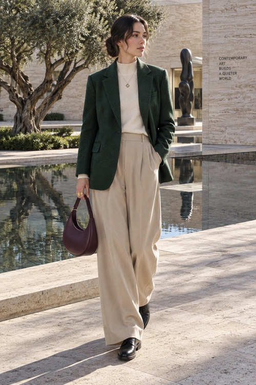 A woman wears a dark green blazer over a cream high-neck sweater with beige wide-leg trousers, black loafers, and a burgundy handbag.
