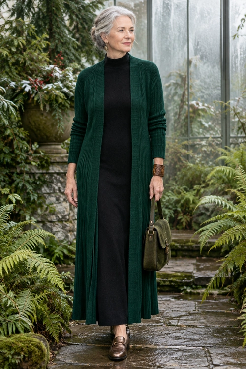 Green Cardigan and Black Dress Outfit A woman wears a long dark green cardigan over a black high-neck dress with brown loafers and a structured olive handbag.