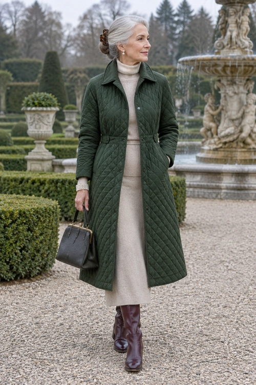 Green Quilted Coat with Knit Dress A woman wears a dark green belted quilted coat over a light beige turtleneck knit dress with burgundy knee-high boots and a black handbag.
