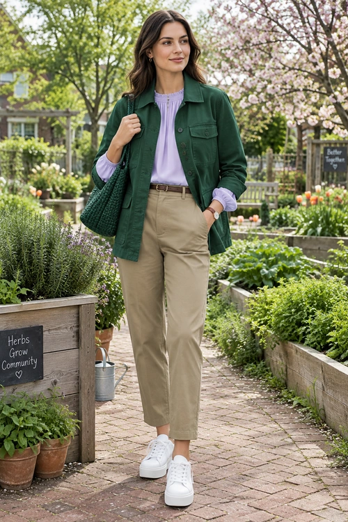 Green Utility Jacket and Lavender Blouse Outfit A woman wears a dark green utility jacket over a lavender blouse with beige trousers, white platform sneakers, and a woven green tote bag.