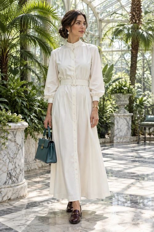 Ivory Belted Shirt Dress Outfit A woman wearing an ivory belted shirt dress with burgundy loafers and carrying a tan handbag.