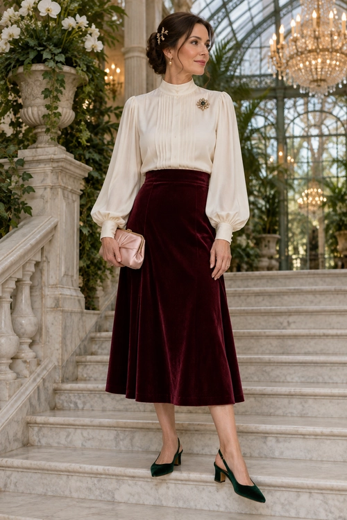 Ivory Blouse and Burgundy Velvet Skirt Outfit A woman wears an ivory high-neck blouse with voluminous sleeves, a burgundy velvet midi skirt, green slingback heels, and a blush clutch.
