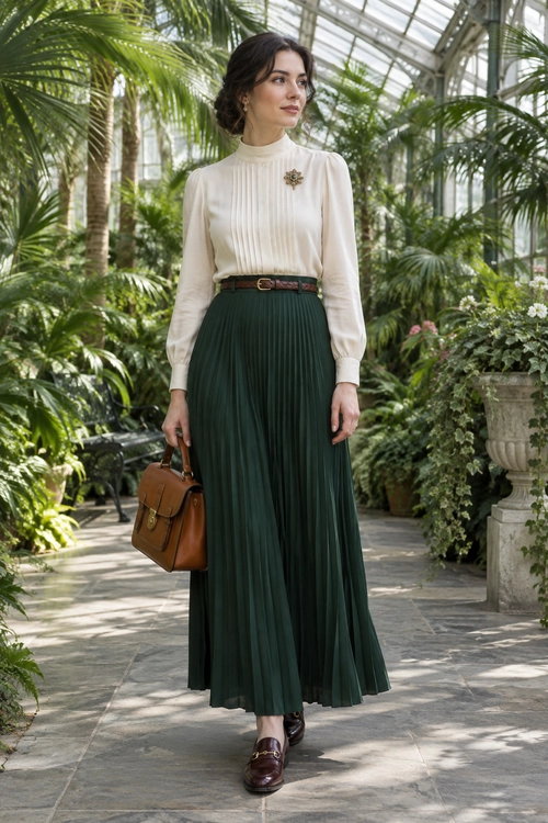 A woman wears an ivory high-neck blouse with a brooch, a brown belt, a dark green pleated skirt, brown ankle boots, and carries a brown leather handbag.