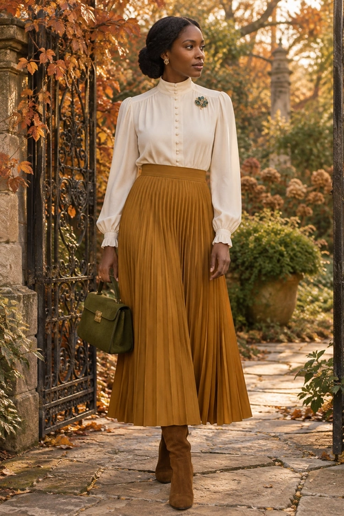 A woman wears an ivory high-neck blouse with a brooch, a mustard pleated skirt, brown knee-high boots, and an olive green handbag.