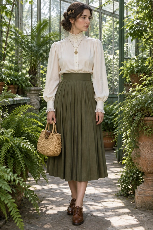 Ivory Blouse and Olive Pleated Skirt Outfit Woman wearing an ivory high-neck blouse with lace cuffs, an olive pleated midi skirt, brown lace-up shoes, and a woven handbag.