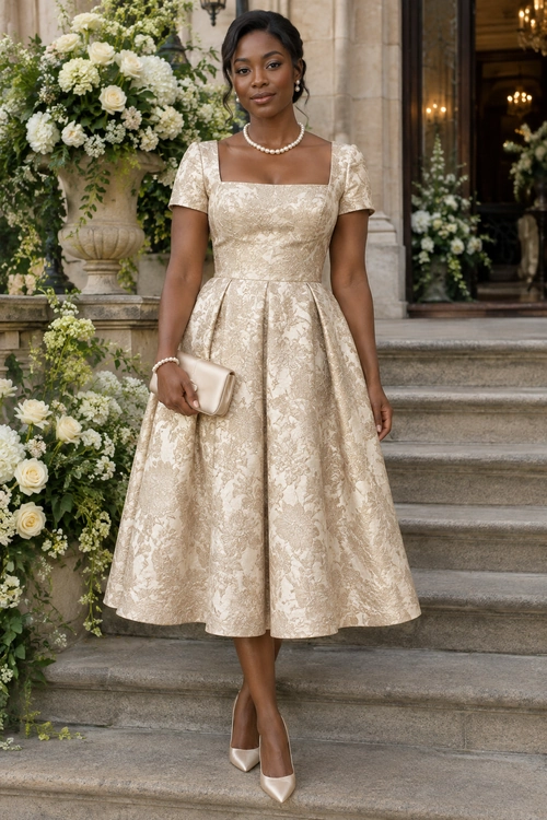 Ivory Brocade Fit-and-Flare Dress A champagne-ivory brocade dress with a square neckline and full midi skirt, styled with pearl jewelry, a small clutch, and pointed-toe heels.
