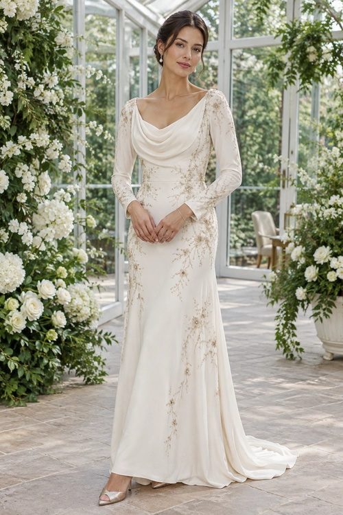 Ivory Embroidered Bridal Gown A floor-length ivory bridal gown with long sheer embroidered sleeves, a draped neckline, and a flowing train, styled with open-toe heels and drop earrings.