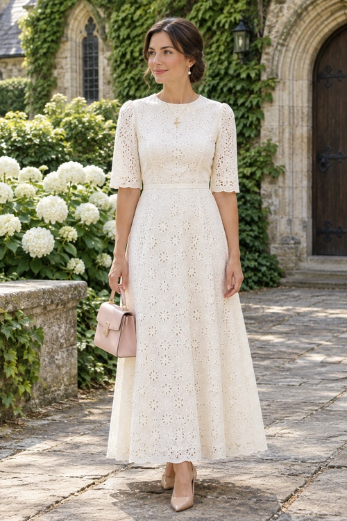 Ivory Eyelet Dress with Blush Accessories Woman wearing an ivory eyelet dress with short sleeves, nude pointed-toe pumps, pearl earrings, and a blush pink handbag.