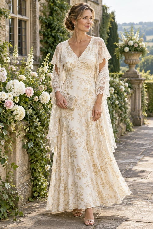 A woman wears an ivory floral-print maxi dress with flutter sleeves and sheer lace details, paired with a small clutch and open-toe sandals.