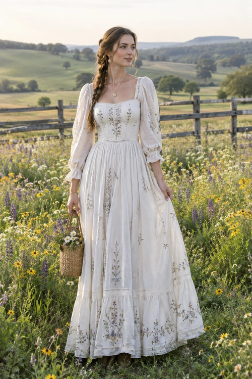 Ivory Floral Maxi Dress A woman wears an ivory floral embroidered maxi dress with puff sleeves and carries a woven basket in a countryside wildflower meadow.