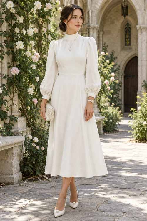 Woman wearing an ivory high-neck midi dress with long puff sleeves, a pendant necklace, woven clutch, and white embellished pumps.