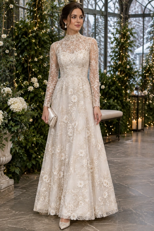 A full-length ivory lace bridal gown with a high neckline, sheer long sleeves, and floral details, styled with a small metallic clutch, drop earrings, and pointed heels.