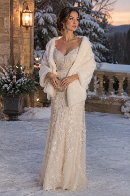 A woman wears a floor-length ivory lace gown with a white fur wrap and a small embellished clutch in a snowy outdoor setting.