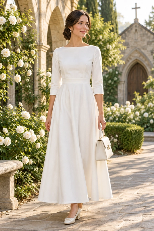 Elegant Ivory Long-Sleeve Dress Woman wearing an ivory long-sleeve fit-and-flare dress with a white handbag and matching pumps.