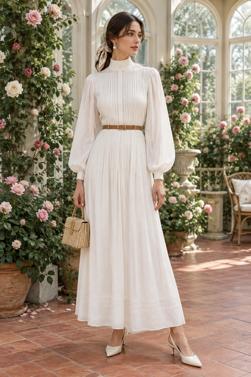 Ivory Pleated Garden Party Dress Woman wearing an ivory high-neck pleated maxi dress with a brown belt, woven handbag, pearl earrings, and pointed heels.