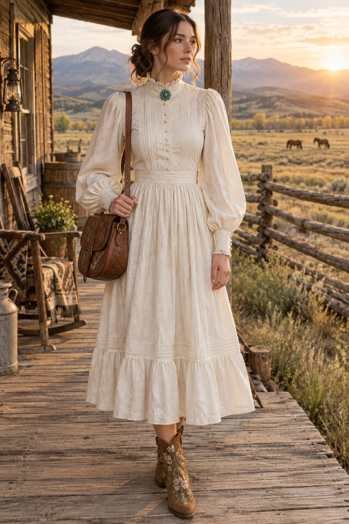 Ivory Prairie Dress Outfit An ivory long-sleeve prairie dress styled with brown embroidered ankle boots, a brown leather shoulder bag, and a turquoise pendant necklace.