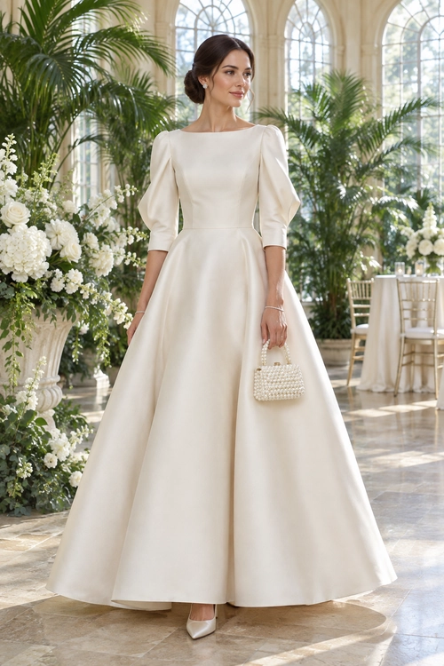 Ivory Puff-Sleeve Ball Gown A woman wears an ivory full-length ball gown with puff sleeves, pointed-toe heels, and a small beaded handbag.