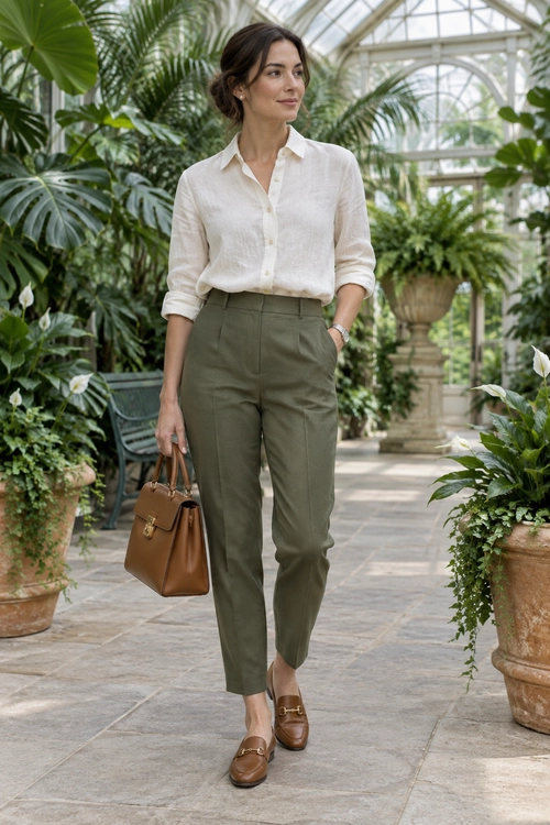 A woman wears an ivory button-down shirt with olive tailored trousers, brown loafers, and a structured brown handbag.