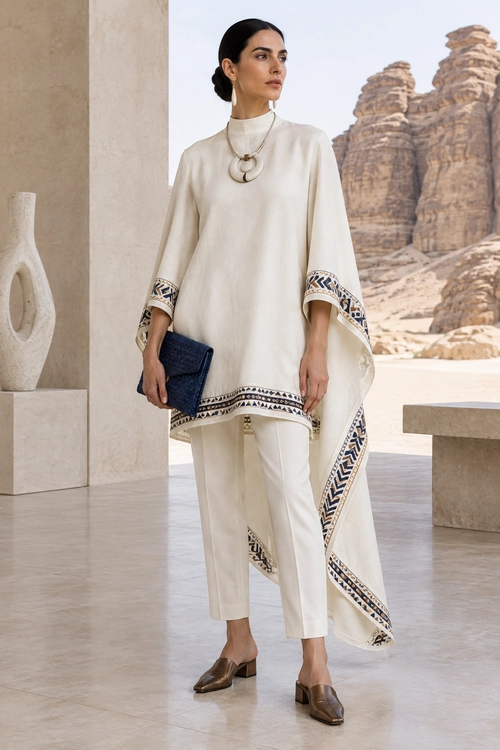 Ivory Tunic and Trousers Outfit A woman wears an ivory draped tunic with geometric trim, matching trousers, brown heeled mules, a navy clutch, and a circular pendant necklace.
