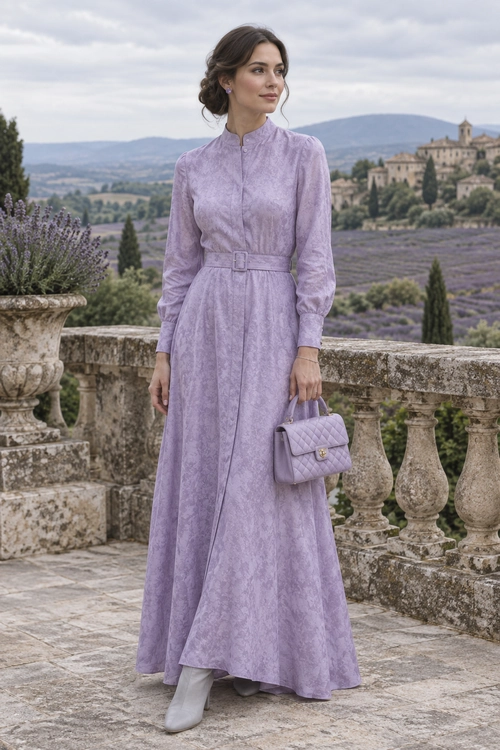 Lavender Belted Maxi Dress Outfit Woman wearing a long-sleeved lavender belted maxi dress with pale ankle boots and a quilted lavender handbag.